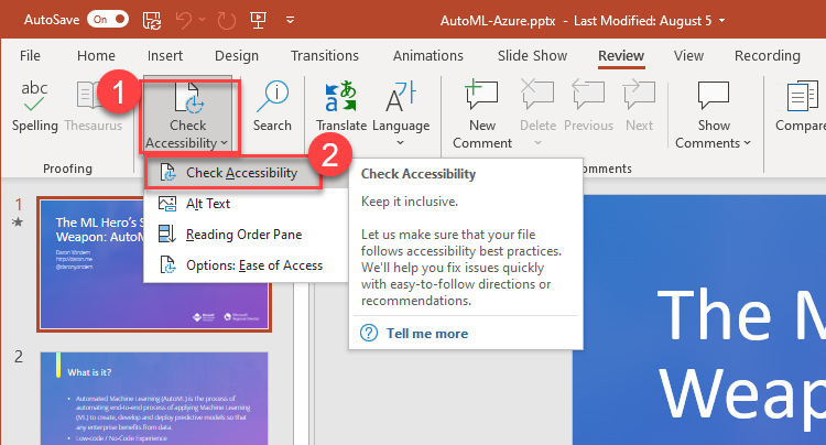 Powerpoint is open. The Check Accessibility menu is open, and the Check Accessibility command is highlighted. 