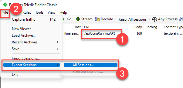 Fiddler showing a single API Request. File menu is open. Export Sessions &gt; All Sessions command is highlighted.