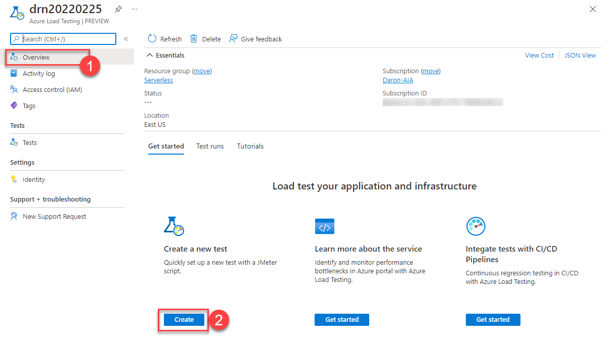 Overview page for Azure Load Test is open. Create button under new tests is highlighted.