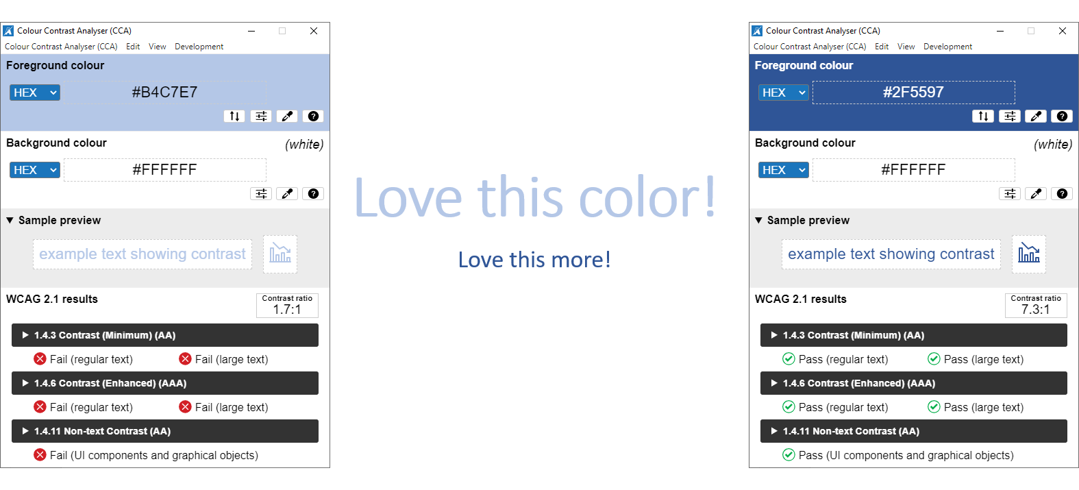 A screenshot that shows the analysis of two different shades of blue. One light blue fails the test against a white background. A dark blue passes the tests.