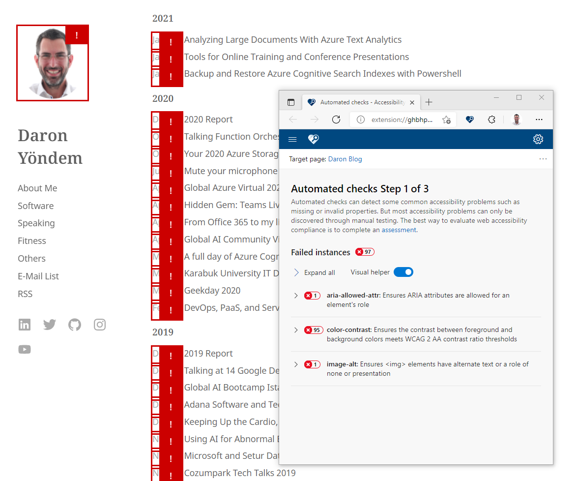 Daron.Blog site&rsquo;s fast pass assessment results are shown. There are 97 failed instances of errors.