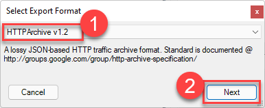 Export Format dialog is open. HTTPArchive 1.2 is selected. Next button is highlighted.