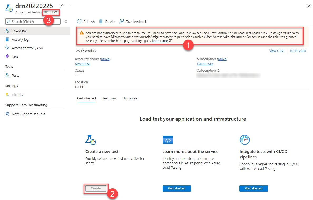 Azure Load Test page is open on the Azure Portal. A warning message about access permissions is highlighted. The create button for new tests is disabled. The preview flag for the service is highlighted.