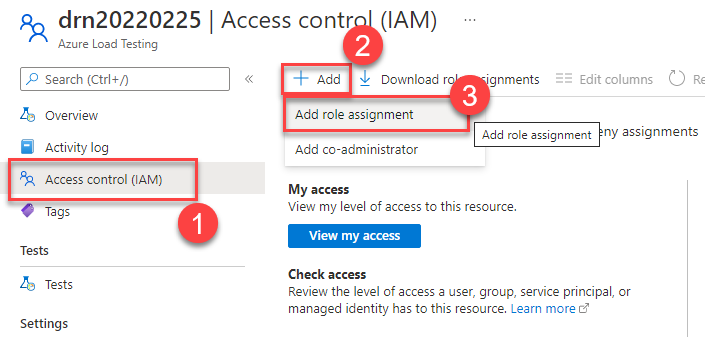 Access control tab for Azure Load Test service is open. Add button is selected. Add role assignment command is highlighted.