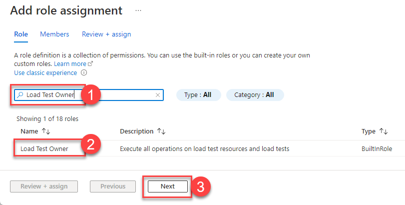 Add role assignment page is open. Search box is filled with Load Test Owner. Load Test Owner role is selected. Next button is highlighted.