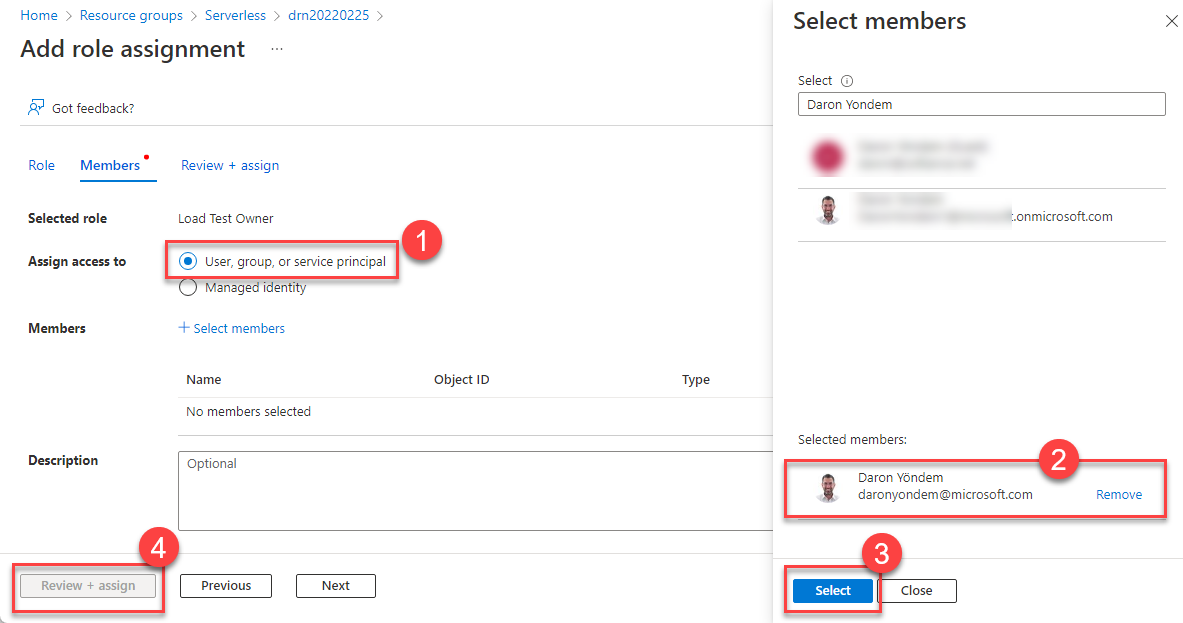 Role Assignment page is open. User, group, or service principal selection is selected. Daron Yondem is picked as a member. Review and Assign button is highlighted.