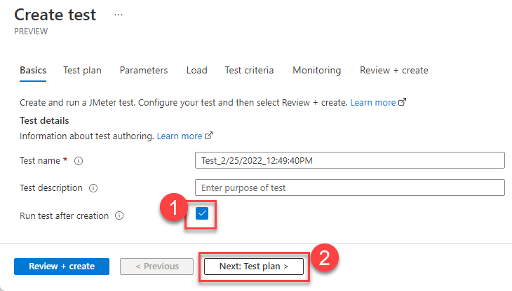 Create test page is open. Run test after creation is selected. Next: Test Plan button is highlighted.