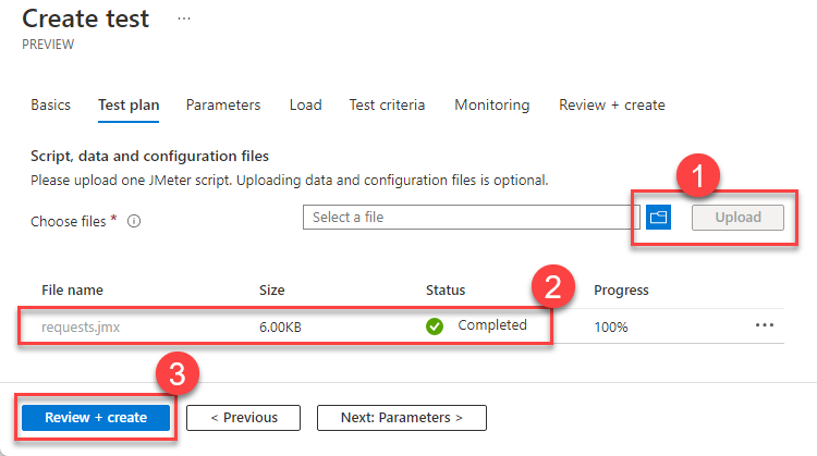 File upload controls are highlighted for JMeter scripts. An uploaded request.jmx file has a completed status. Review + Create button is highlighted.