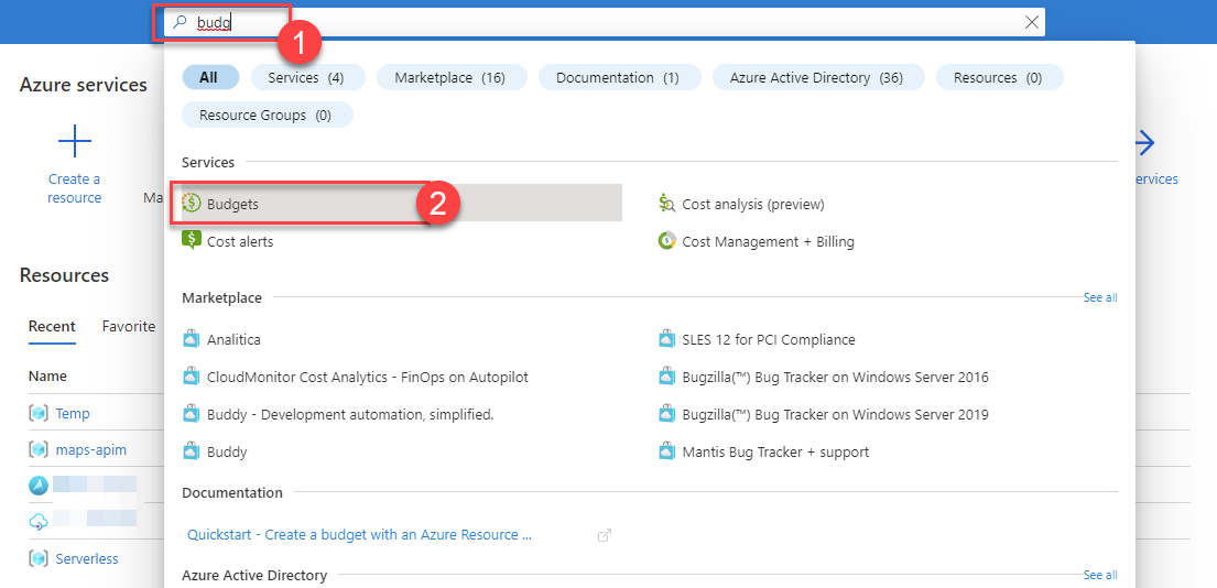 Azure Portal is open. Budg is typed into the Search box. The budgets menu item is highlighted.