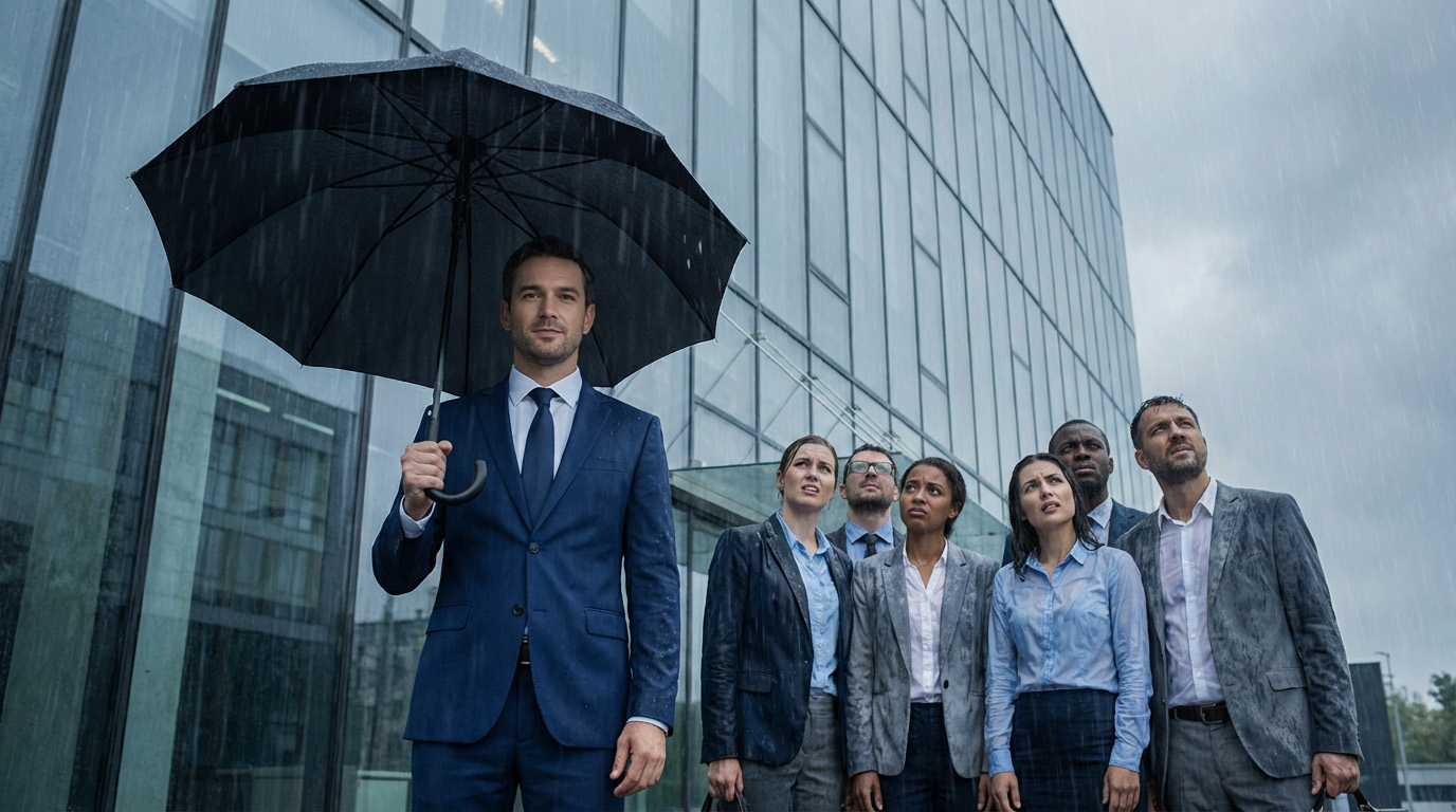 A close-up photograph of a classic &ldquo;Hello, My Name Is&rdquo; name tag sticker with &ldquo;LEADER&rdquo; handwritten in bold marker on the white space. The name tag is partially peeling off from a professional business suit lapel, one corner visibly lifting and curling away from the fabric. The suit is dark charcoal or navy, high quality wool.