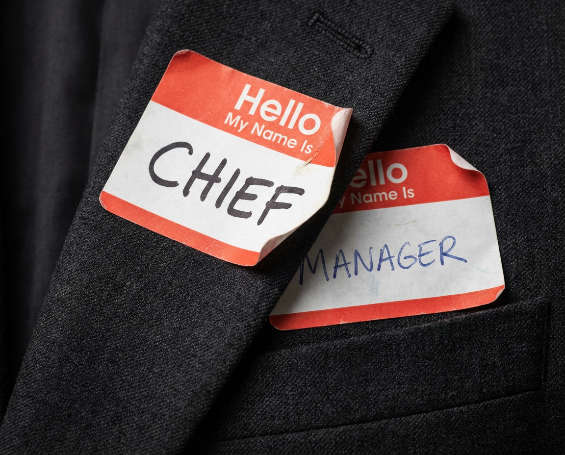 A close-up photograph of a dark charcoal business suit lapel with two &ldquo;Hello My Name Is&rdquo; name tag stickers. The top name tag shows &ldquo;CHIEF&rdquo; written in bold black marker and is peeling away at the corner, revealing a second name tag underneath with &ldquo;MANAGER&rdquo; written in blue pen. Both name tags have the classic red and white design. The image suggests title inflation, with the more impressive title covering the original role.
