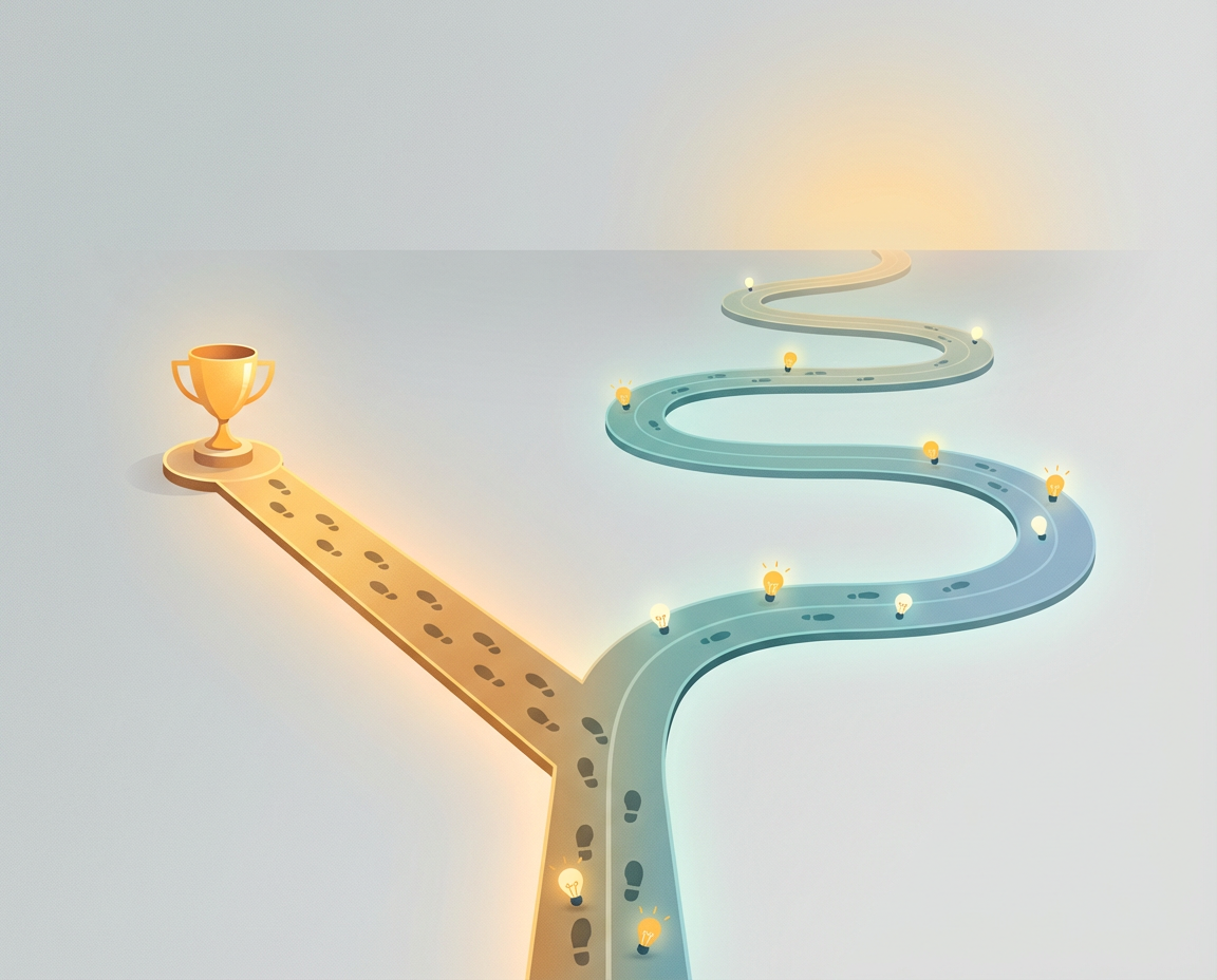Illustration of a fork in the road seen from above. The left path is short and brightly lit in warm gold, ending at a trophy. The right path is longer and winding in cool blue tones, with small glowing lightbulbs scattered along the way, leading toward a soft glow on the horizon. The left path has many footprints; the right has very few.