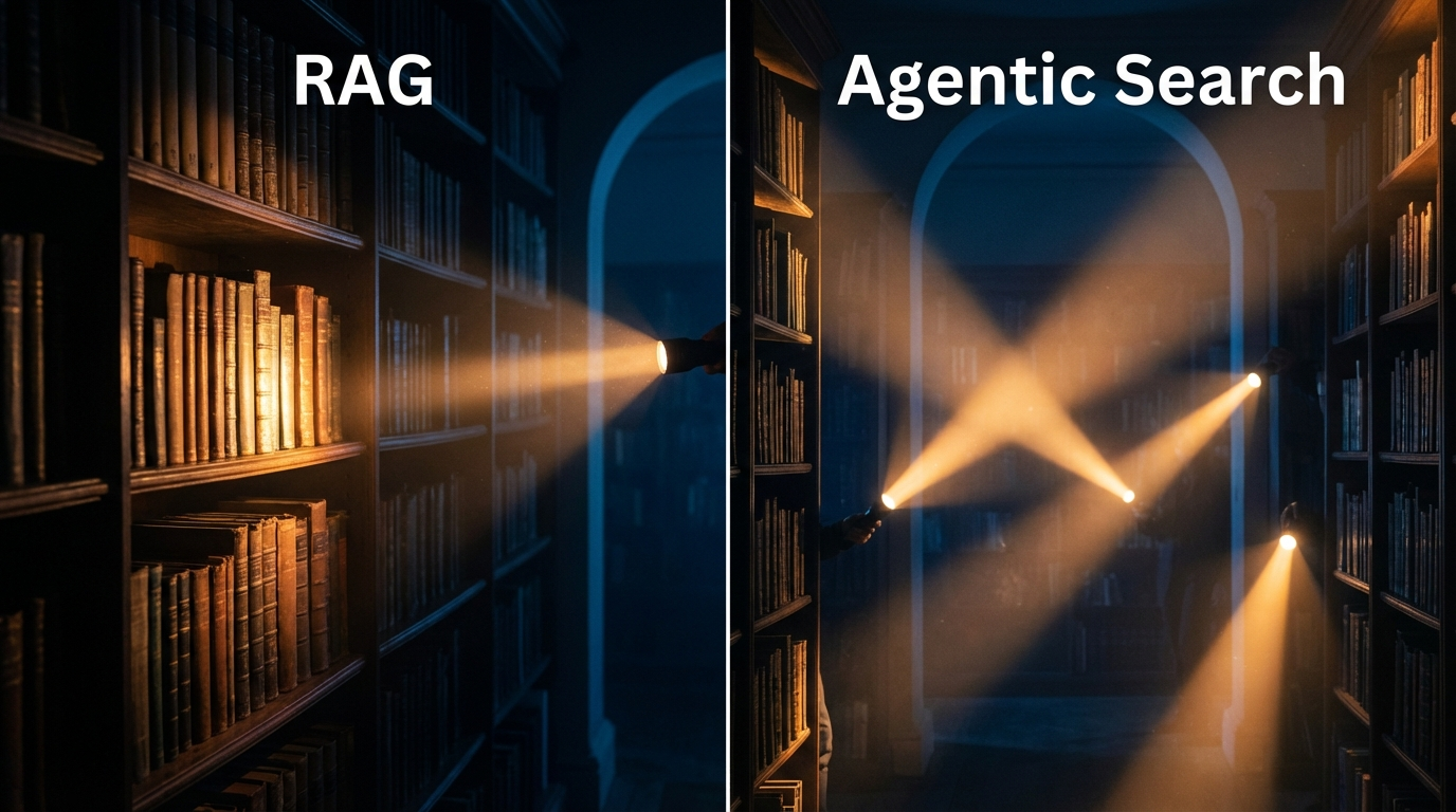 A dark library split in two — left side shows a single flashlight beam labeled RAG scanning book spines, right side shows multiple flashlights labeled Agentic Search moving independently through the stacks