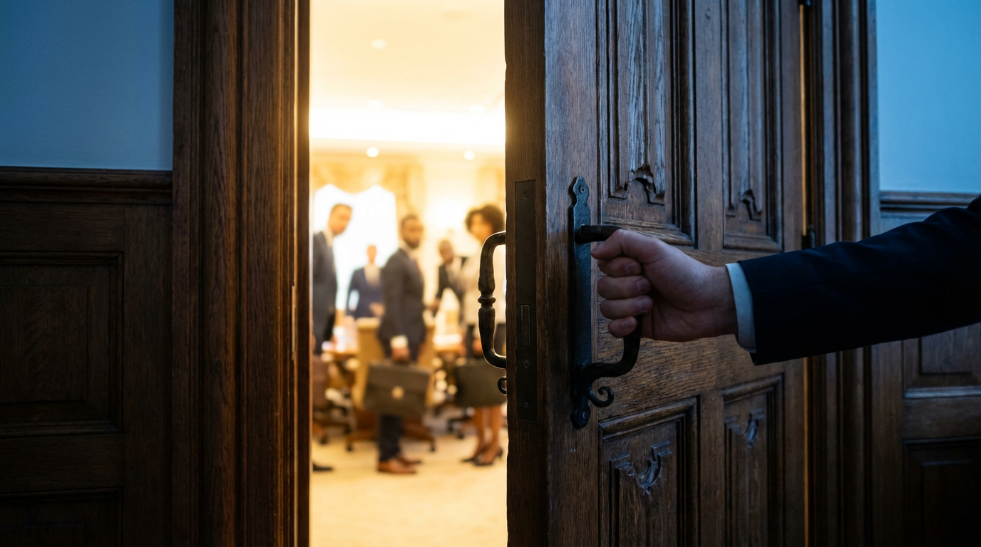 A closing door with silhouettes visible through the narrowing gap, warm light outside contrasting cold blue inside