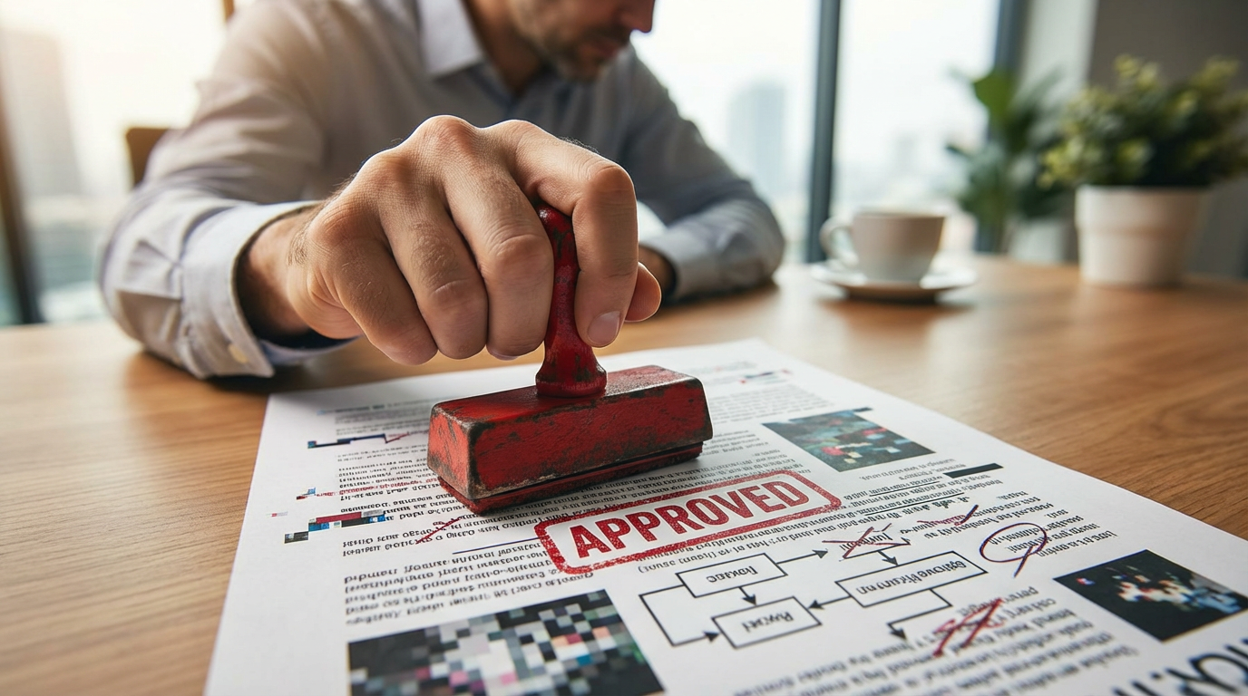 A hand stamping APPROVED on a flawed document without looking