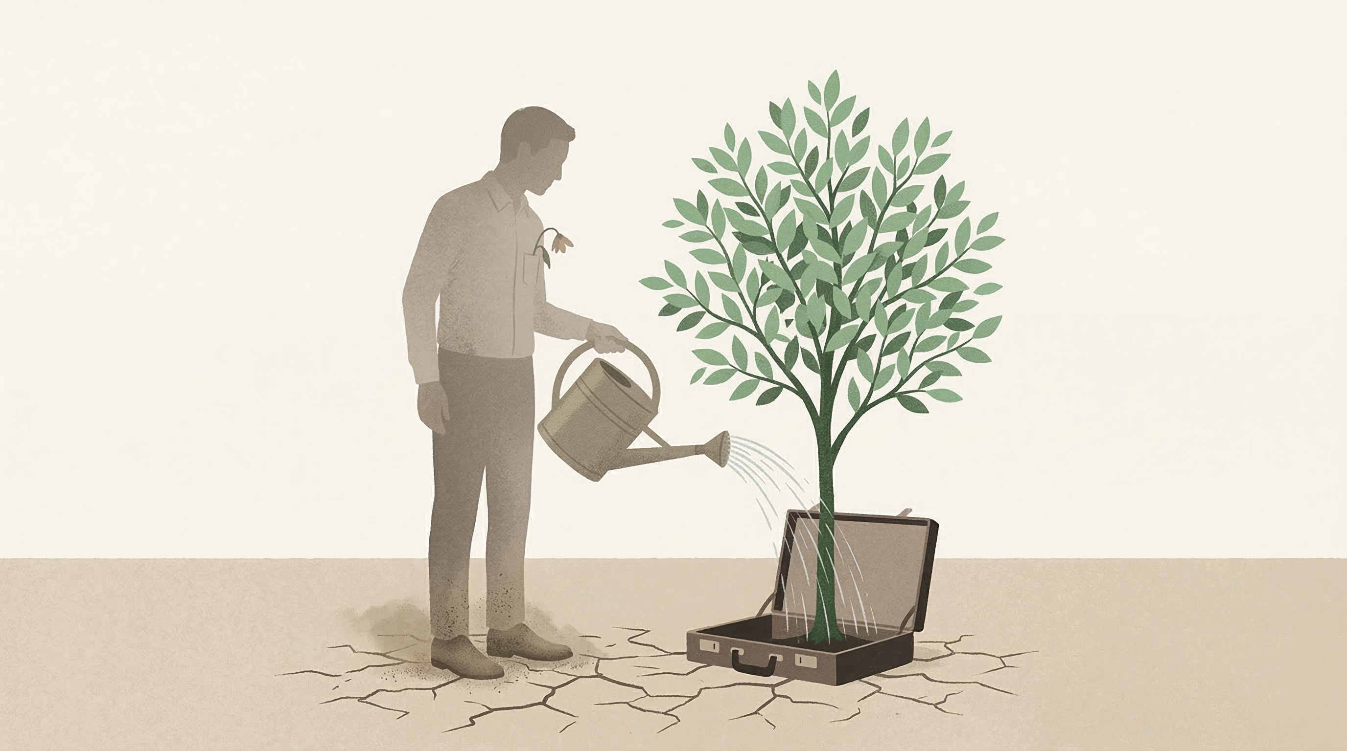 A man watering a tree growing out of a briefcase on cracked ground