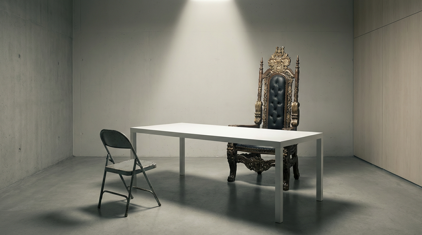 Ornate throne facing a plain folding chair across a minimalist white table, power imbalance in the interview room