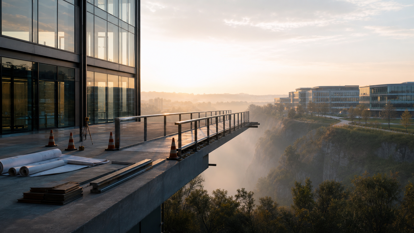 A cinematic bridge stretching from a concrete structure toward a distant modern city, stopping short before it reaches the other side and leaving a visible gap between aspiration and reality.
