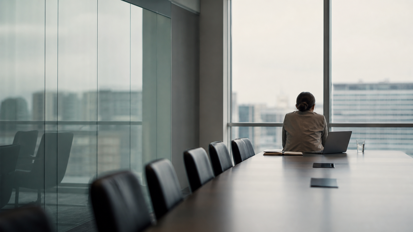 A quiet modern conference room after a difficult workplace meeting, with empty chairs, an open laptop, and papers left on the table.