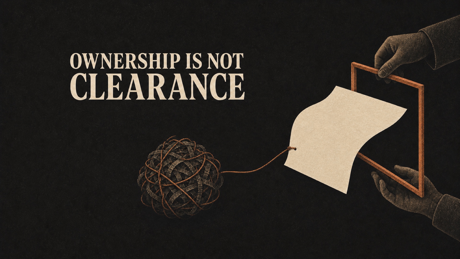 Editorial illustration reading Ownership Is Not Clearance, with hands passing a document through a copper frame while a tether leads to a tangled rights-and-liability knot.